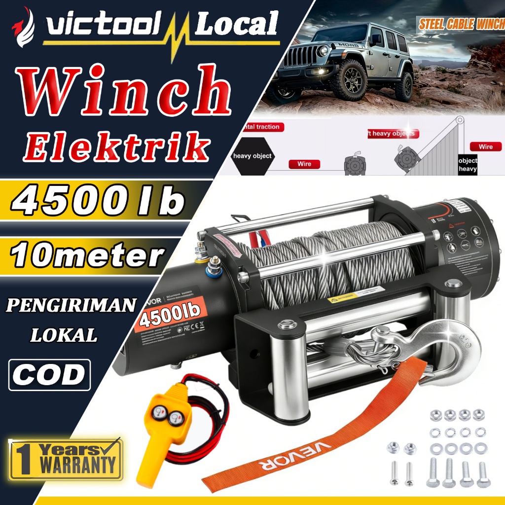 Victool Electric Winch Mobil Offroad 4500lb Derek 12Volt Electric Hoist Wire Rope Katrol Listrik Pan
