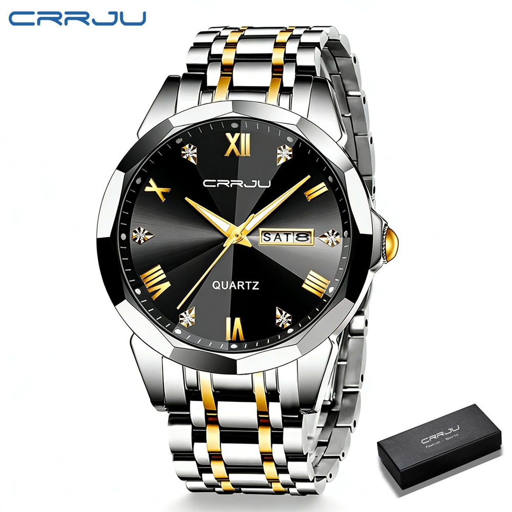 CRRJU Jam Tangan Pria Anti Air Original Terbaru Led Mewah Hitam olves Luxury Stainless Steel Watch M