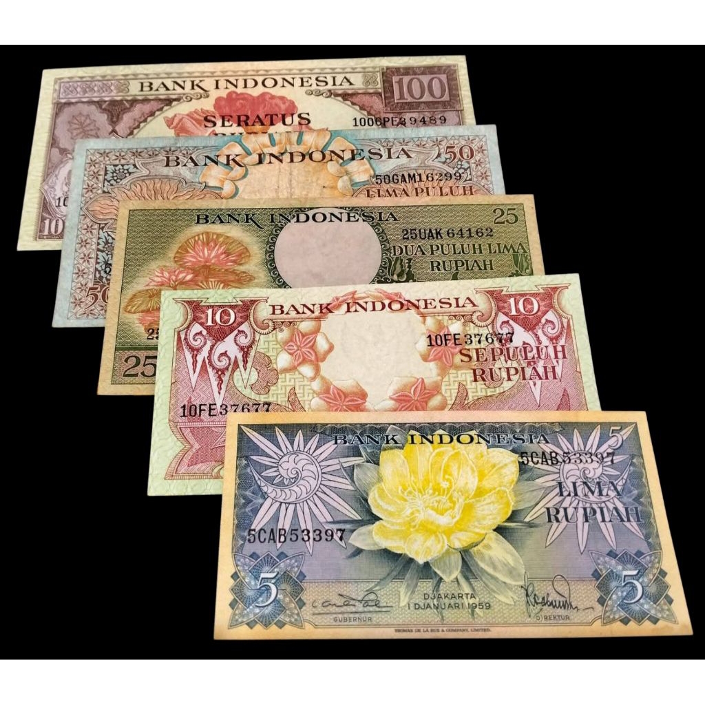 Uang Kuno Series Bunga th.1959 1 set 5 lembar 5 Rupiah s/d 100 Rupiah