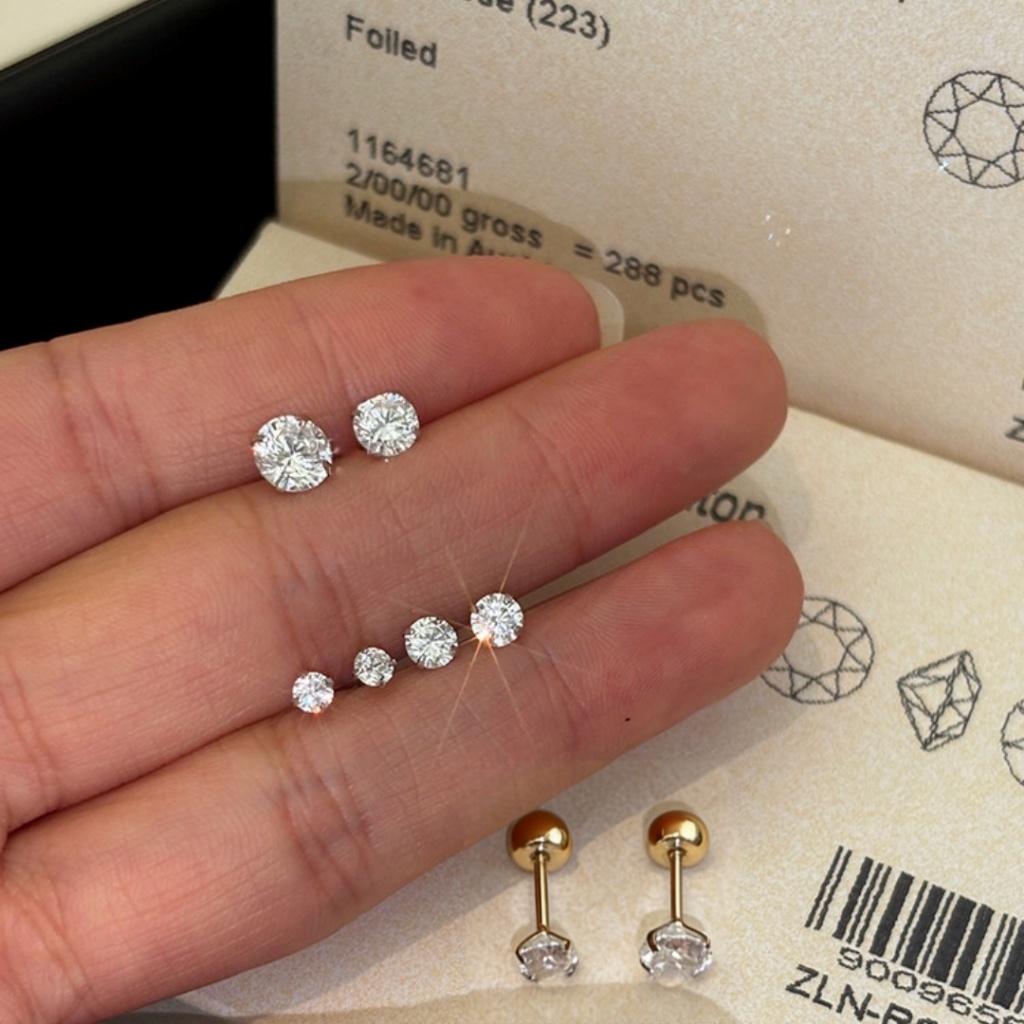 Anting Stud Zirkon Kubik dengan Belakang Bola Minimalis Warna Emas & Perak Anti Karat