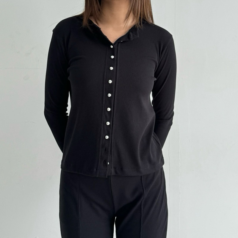 Atasan Basic Full Kancing Knit Baju Wanita Lengan Panjang Korean Top Premium Rib | KAIA - Say