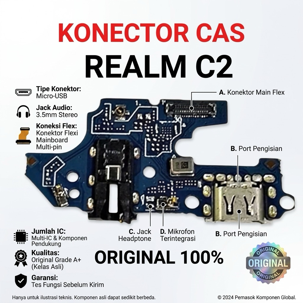 Fleksibel Charger Konektor Cas Realme C2 Papan cas + Mic + Hf + Ic ORI