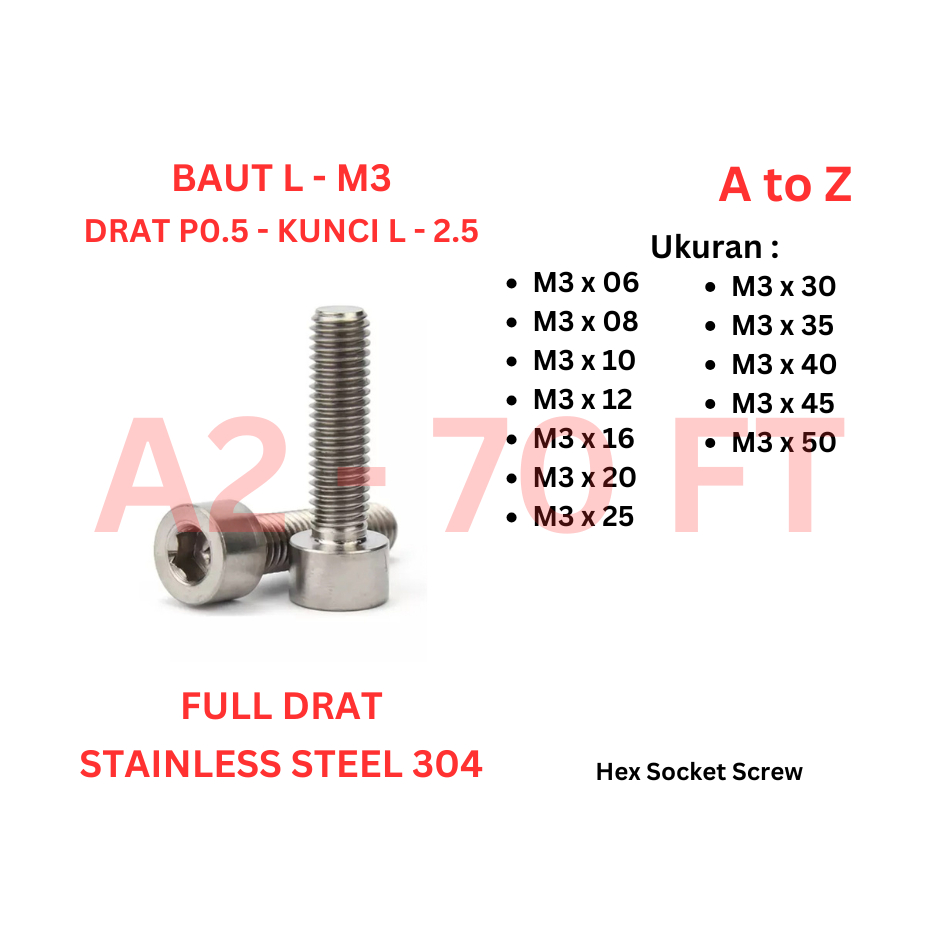 Baut L SS 304 - M3 x 6 / 8 / 10 / 12 / 16 / 20 / 25 / 30 / 35 / 40 / 45 / 50 Full Drat P0.5 - Kunci 