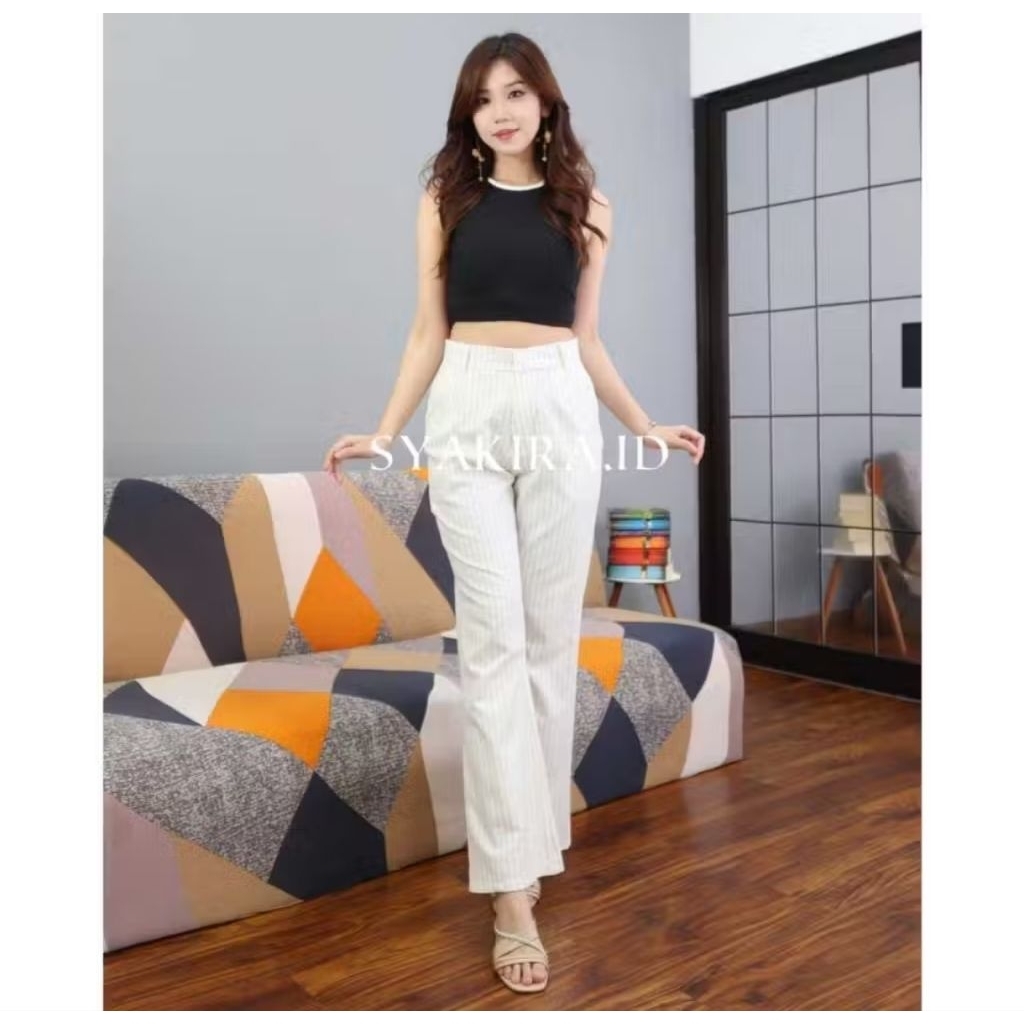 100% BARU Celana Cutbray Stripe Wanita Warna Putih BW Ukuran L - High Waist Celana FlareLook Bangkok