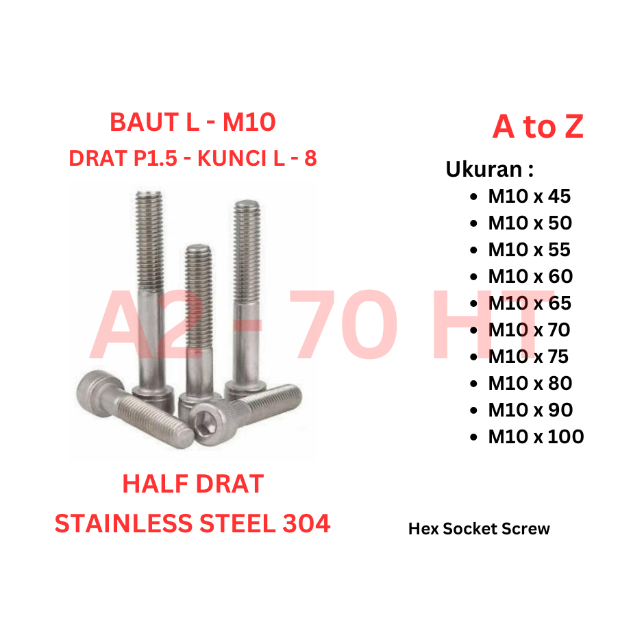 Baut L SS 304 - M10 x 45 / 50 / 55 / 60 / 65 / 70 / 75 / 80 / 90 / 100 Half Drat P1.5 - Kunci L 8 / 
