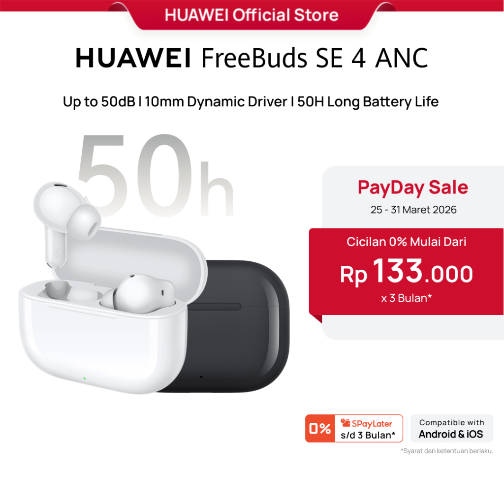 [PayDay Voucher s/d 15%] HUAWEI FreeBuds SE 4 ANC TWS  l Up to 50dB l 10mm Dynamic Driver | 50H Long