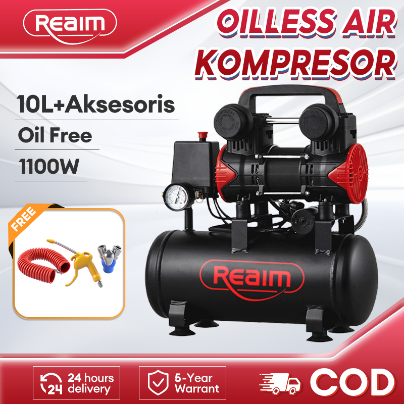 Reaim Kompresor Angin Listrik 10L Oilless Kompresor Mini Listrik 1100W Mesin Pompa Angin Kompresor