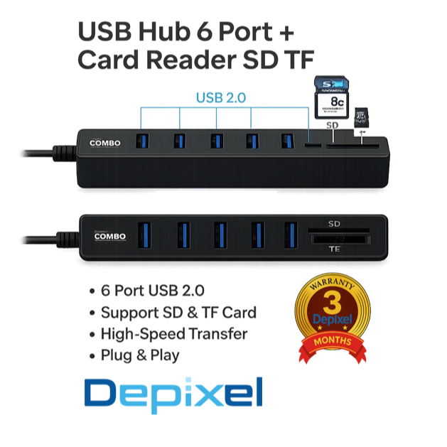 Hub USB 8 in 1 6 Port Card Reader SD TF 