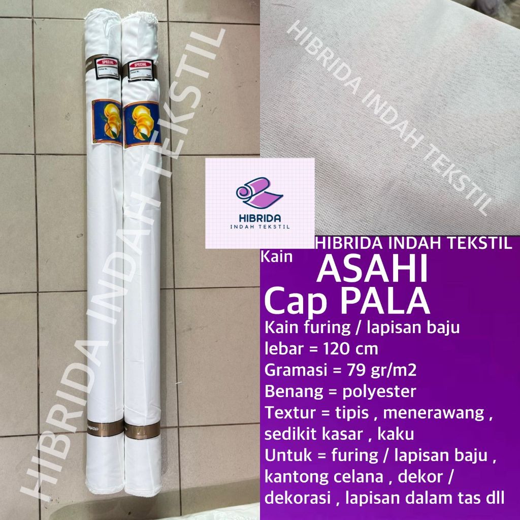 ( per setengah meter ) kain furing ASAHI cap buah PALA polyester sedikit kasar kaku warna putih BW l