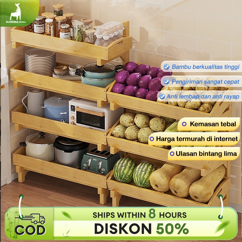 Sunshine Rak Sayur Buah Bambu 4 Susun Rak Dapur Penyimpanan Rak Dapur