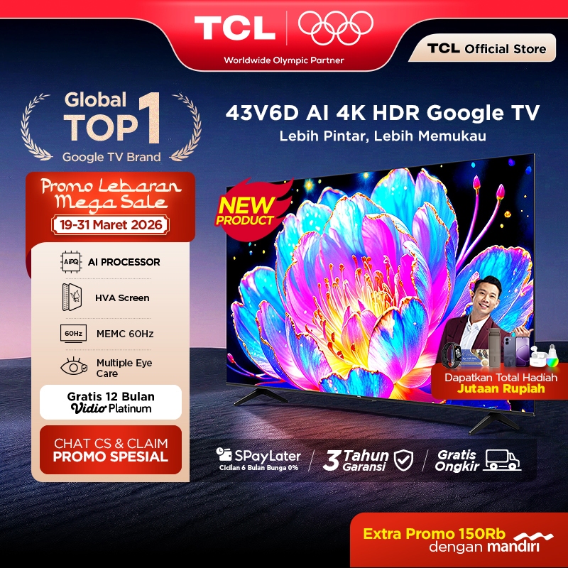 TCL AI 4K Google TV 43 inch V6D - MEMC - HDR 10 - HVA Panel - Dolby Audio - Google Play/Netflix/Yout