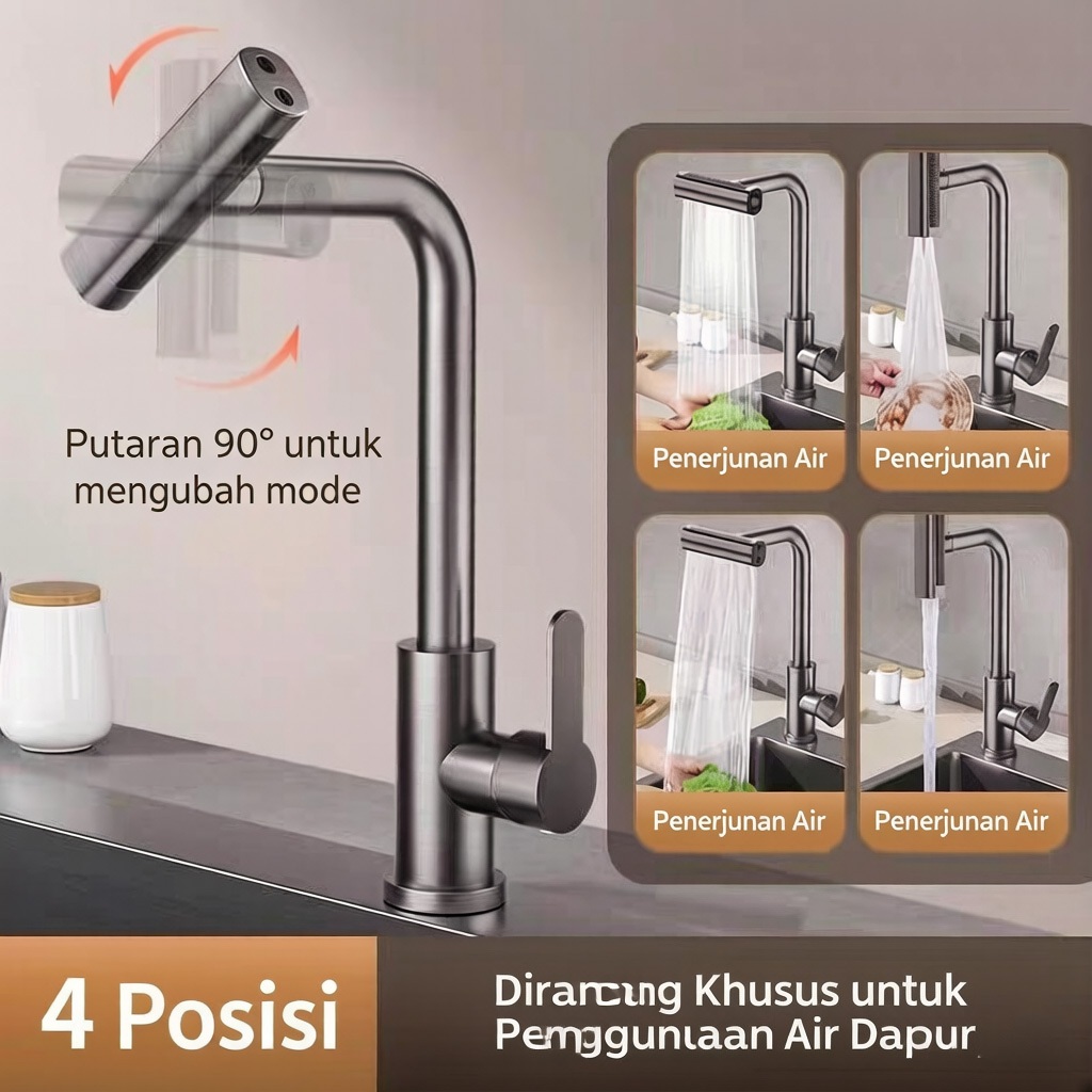 Kran Dapur Air Terjun Hitam & Silver 4 Mode (Semprotan/Shower) - Tipe Tembok, Angsa Fleksibel Putar 