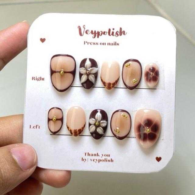 Veypolish | press on nails motif summer bunga coklat | custom presson size dan motif | fake nail kuk