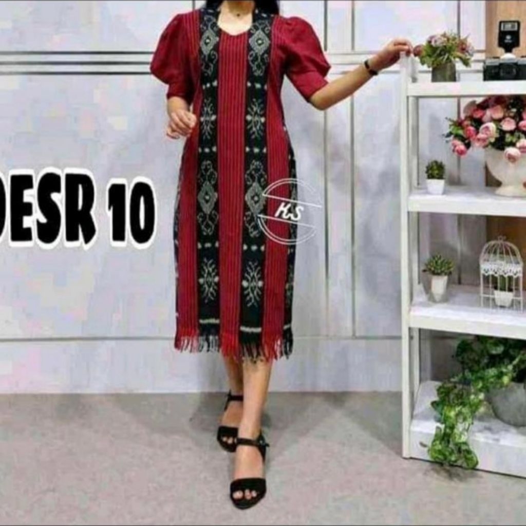 Dres Tenun Gaun Cantik Tenun Kombinasi Polos