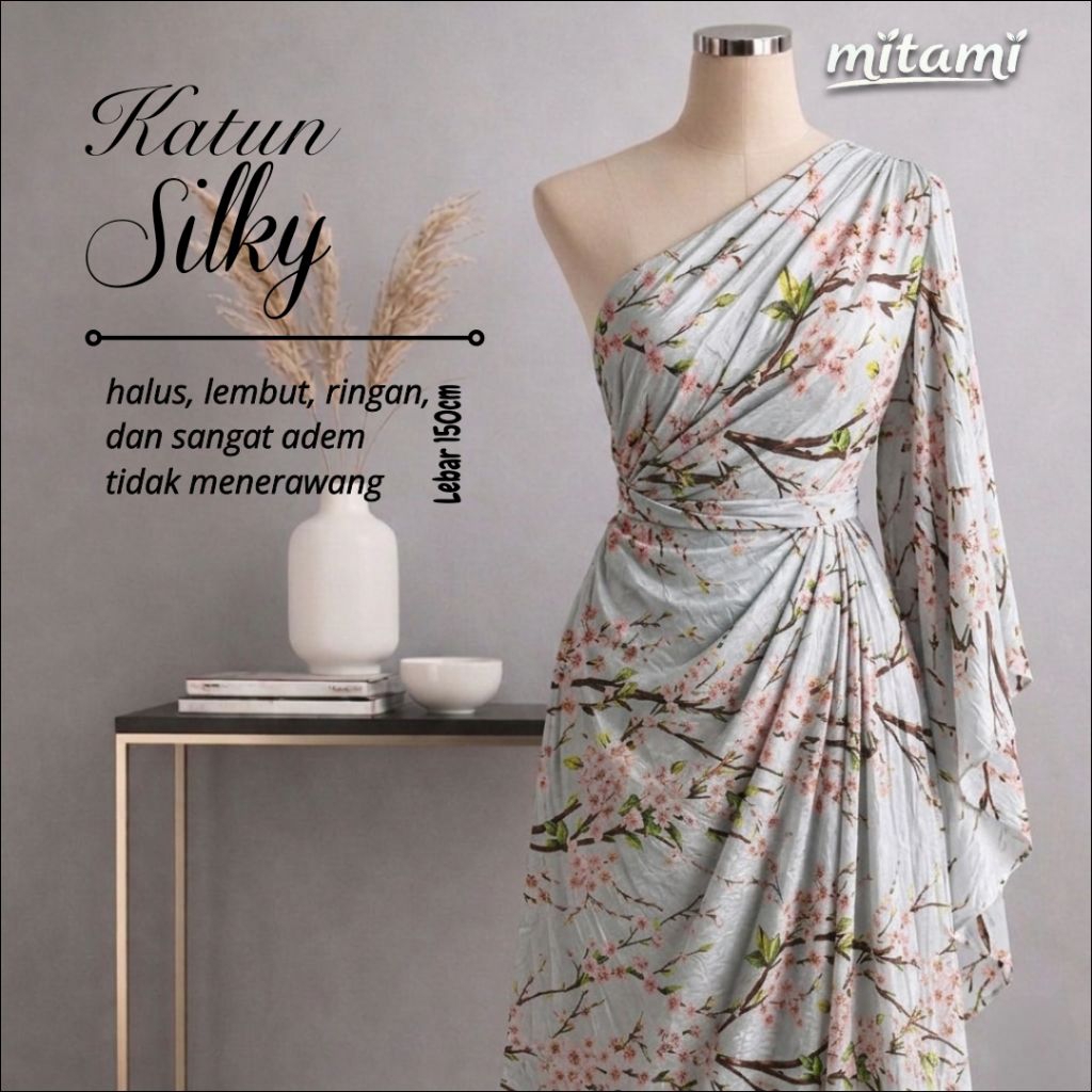 MITAMI Kain Katun Silky Premium Motif Bunga Sakura Cherry Blossom (Harga Per 0,5)KYT