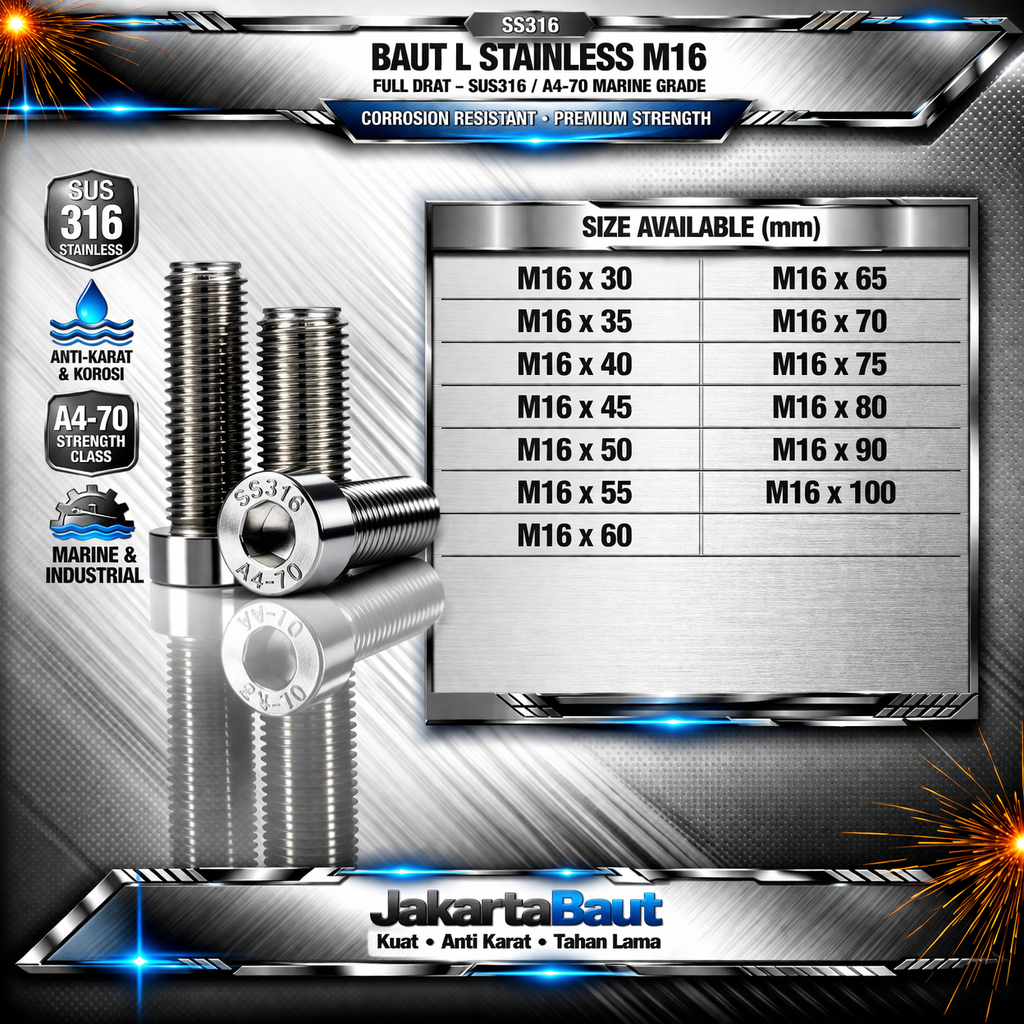 SS316 Baut L Stainless M16X50 / 16X50 / M16 X 50 / 16 X 50 Full Drat SUS316 / A4-70
