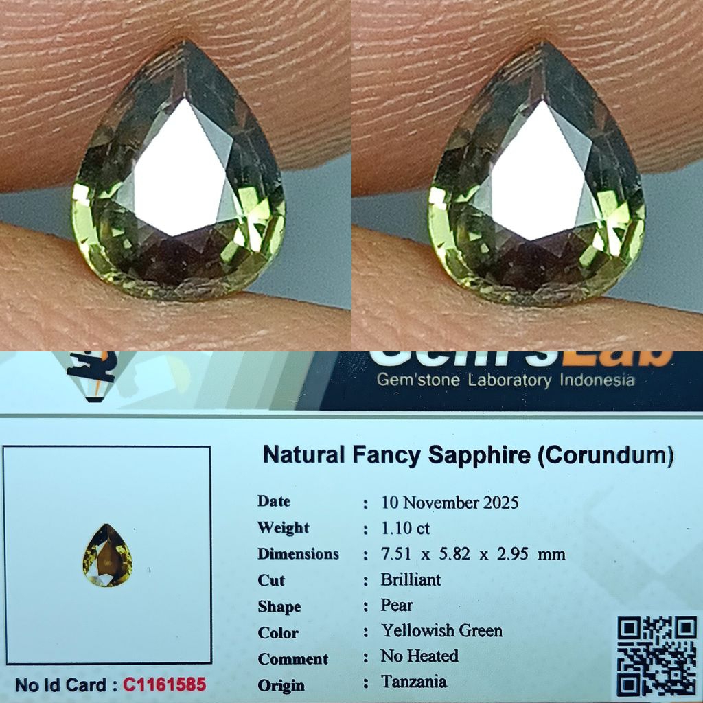 NATURAL FANCY SAPPHIRE GOOD LUSTER YELLOWISH GREEN NO HEATED TANZANIA MEMO GLI LAB ID