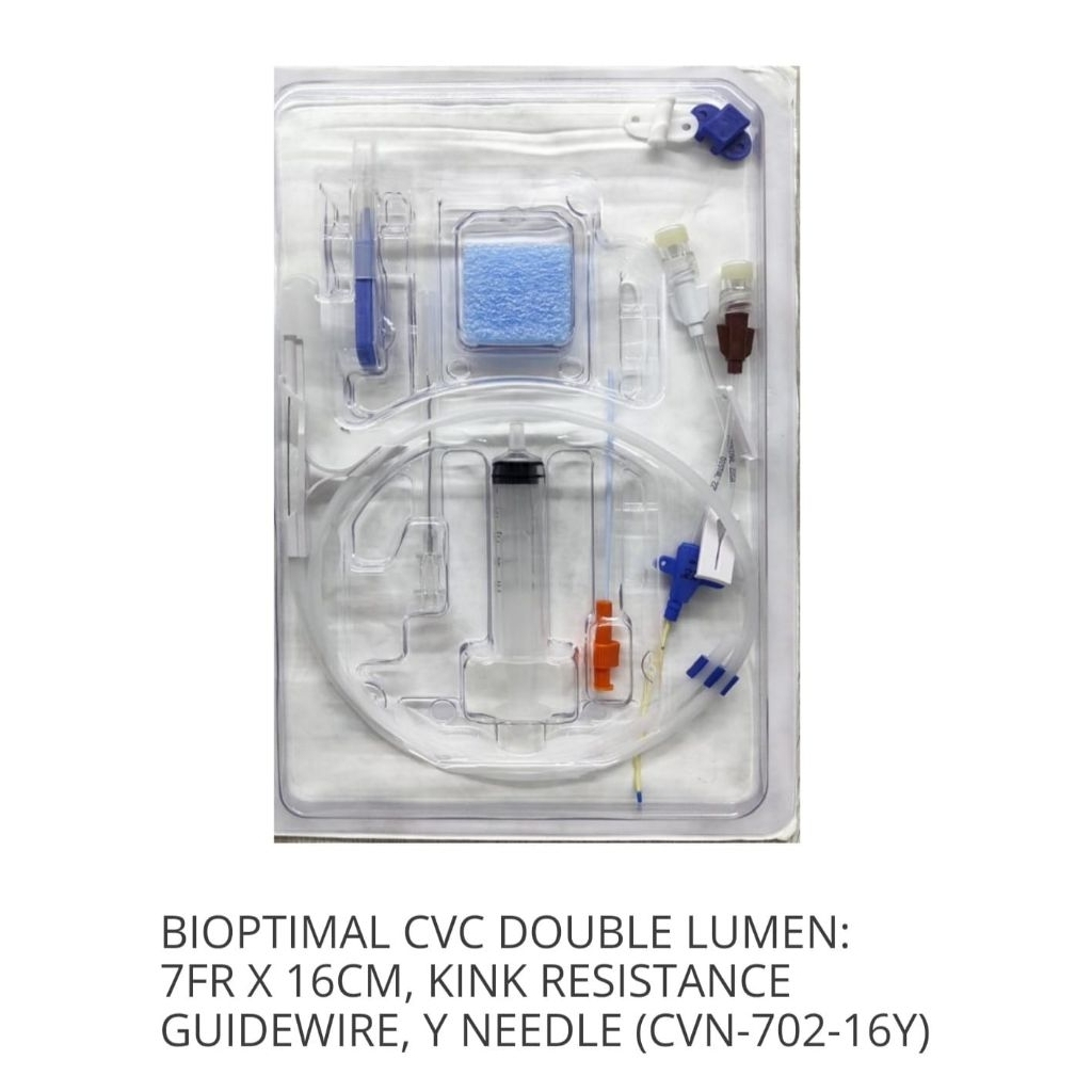 BIOPTIMAL CVC Double Lumen 7Fr x 16cm Kink Resistance Guidewire Y Needle CVN-702-16Y