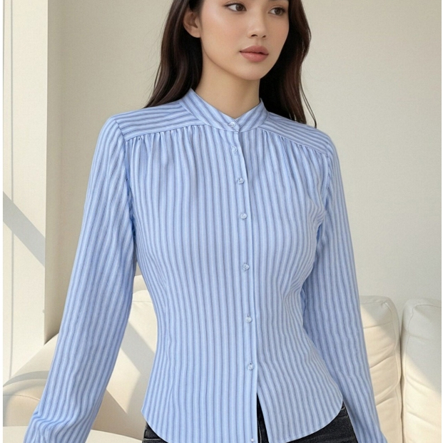 Missshine Kemeja Wanita Blus Atasan Kekinian Warna Biru Motif Stripe Bergaya Korea untuk Gaya Harian