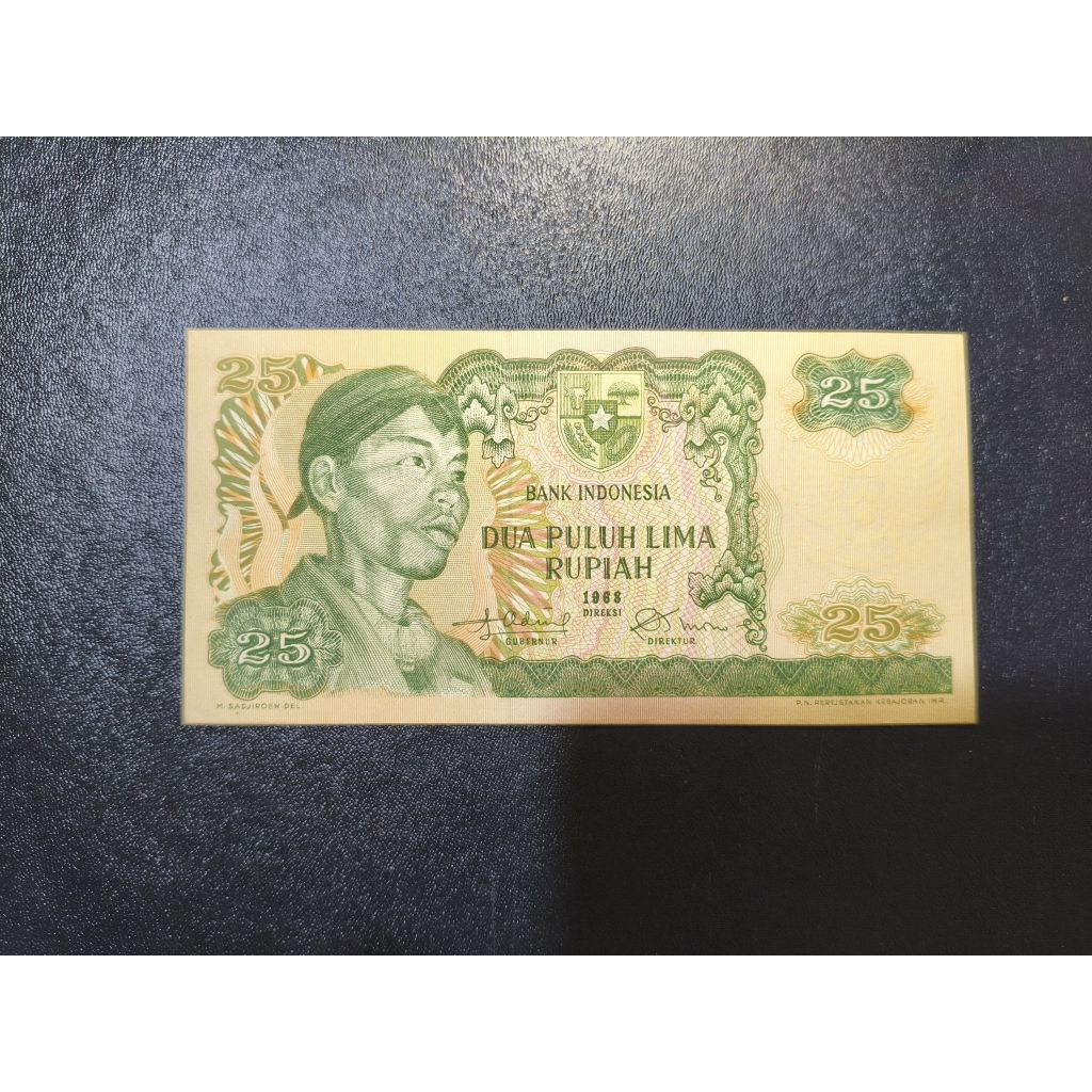 Uang kertas kuno 25 rupiah sudirman tahun 1968 UNC