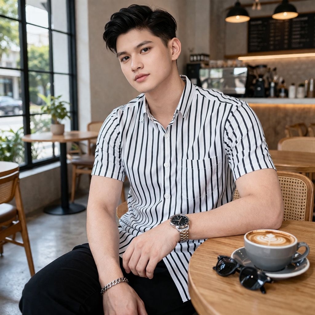 Kemeja Salur Stripe Hem Pria Motif Salur Garis Garis Kemeja Lengan Pendek Kemeja Pria