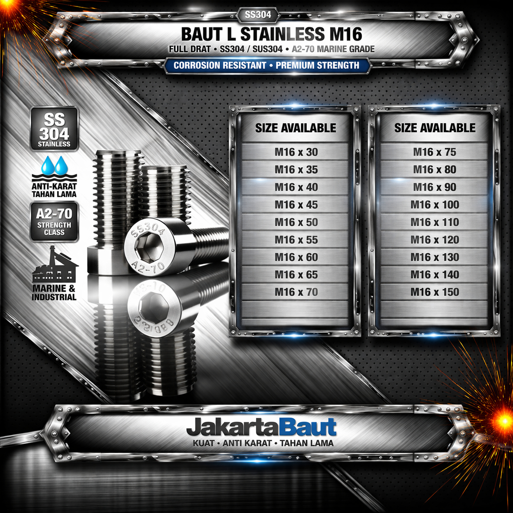 Baut L Stainless M16X130 / 16X130 / M16 X 130 / 16 X 130 Full Drat SS304 / SUS304 / A2-70
