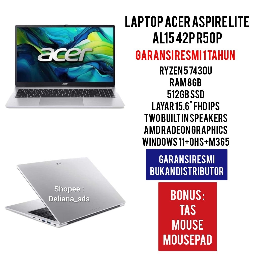 Laptop Acer Aspire Lite AL15 42P R50P Ryzen 5 7430U 8GB/512GB 15,6" FHD IPS Garansi Resmi 1 Tahun La