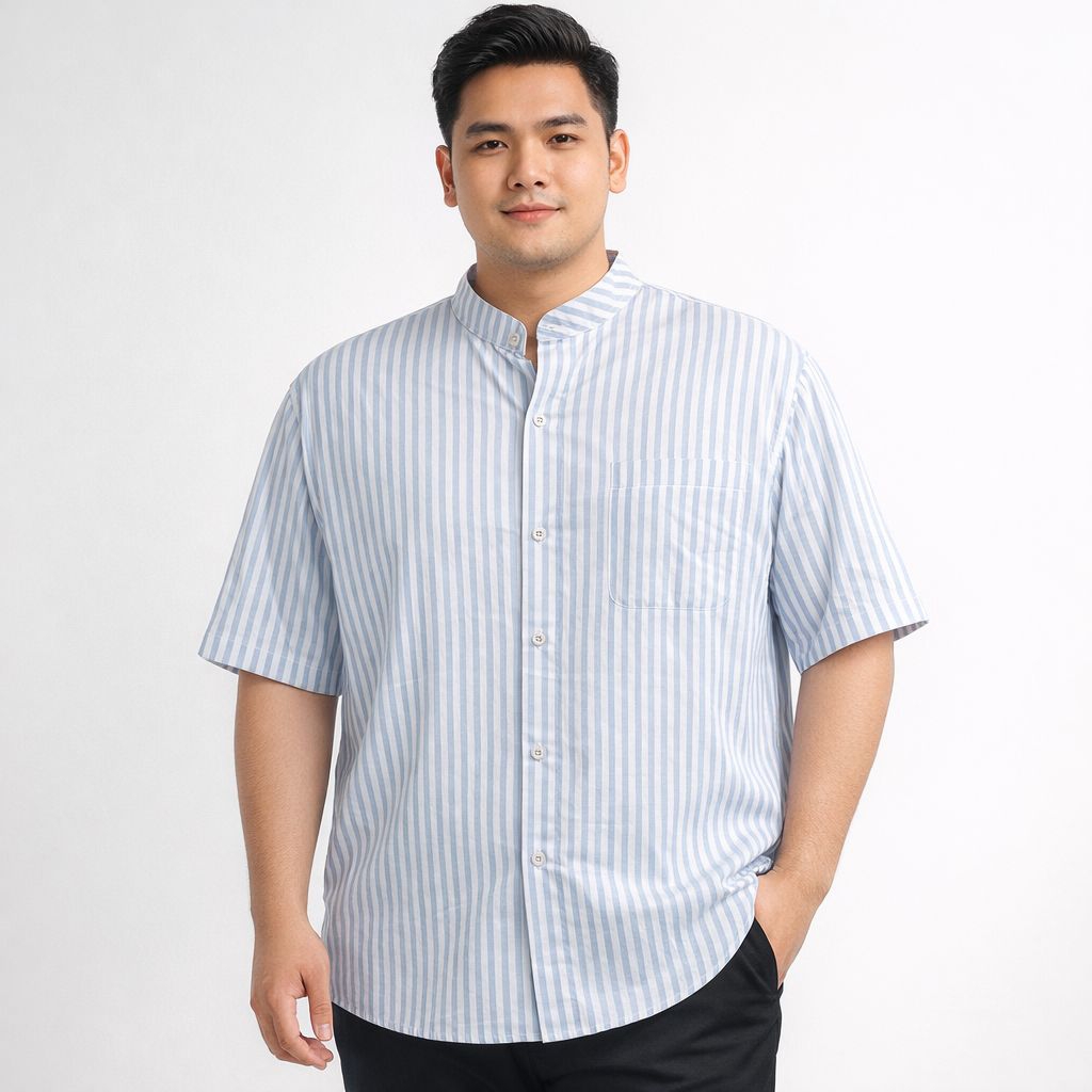 Kemeja Salur Pria Jumbo Lengan Pendek Big Size Motif Stripe Garis Garis Katun Premium
