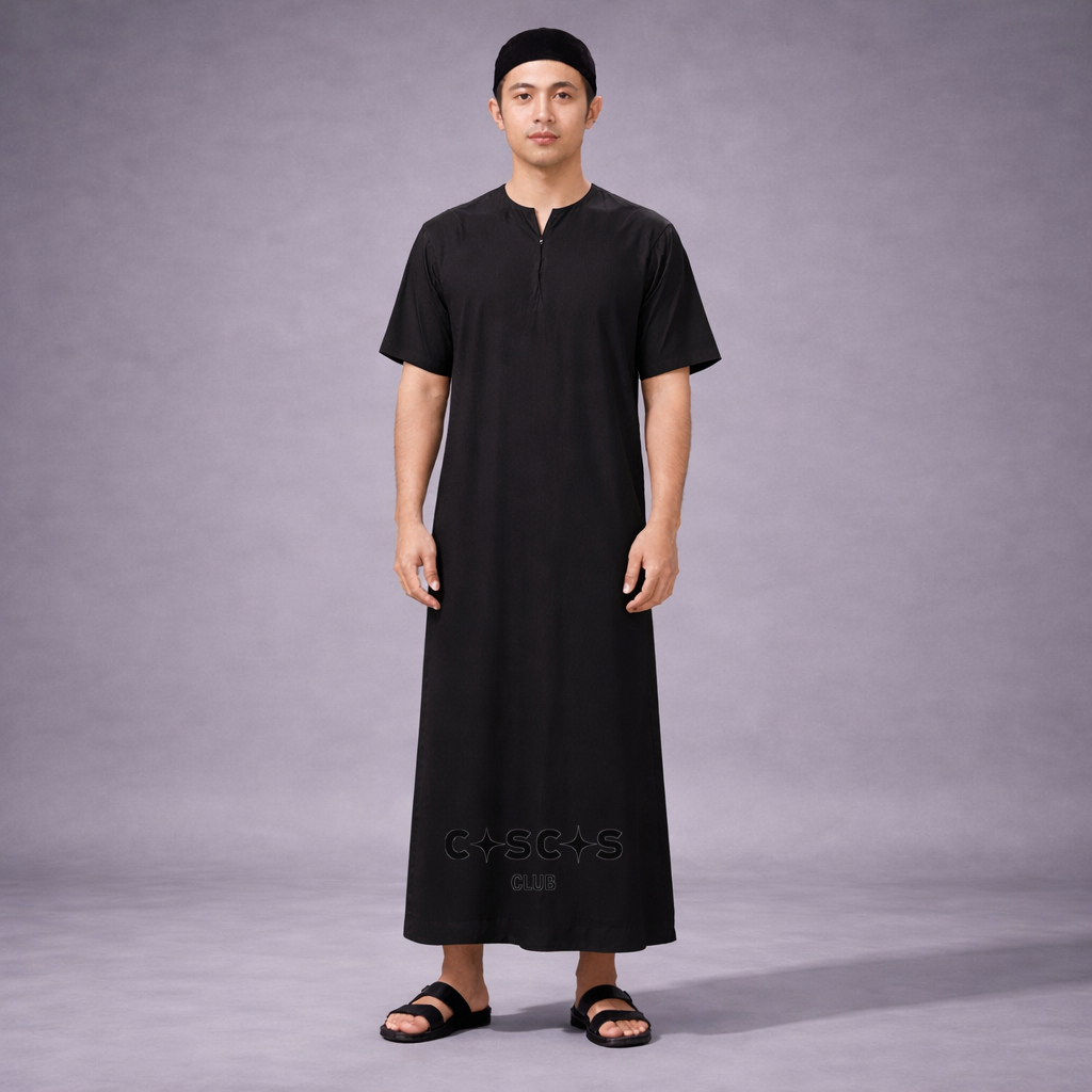 CASCAS V-Neck Gamis Taib Thobe Jubah Slim Fit - Hitam