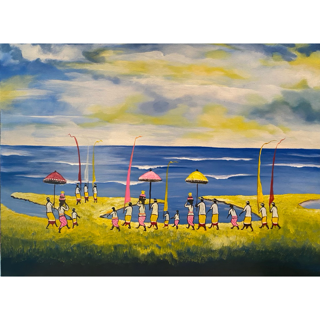 Lukisan Suasana Melasti Bali, Lukisan Tradisi, Lukisan Bali, Lukisan Canvas