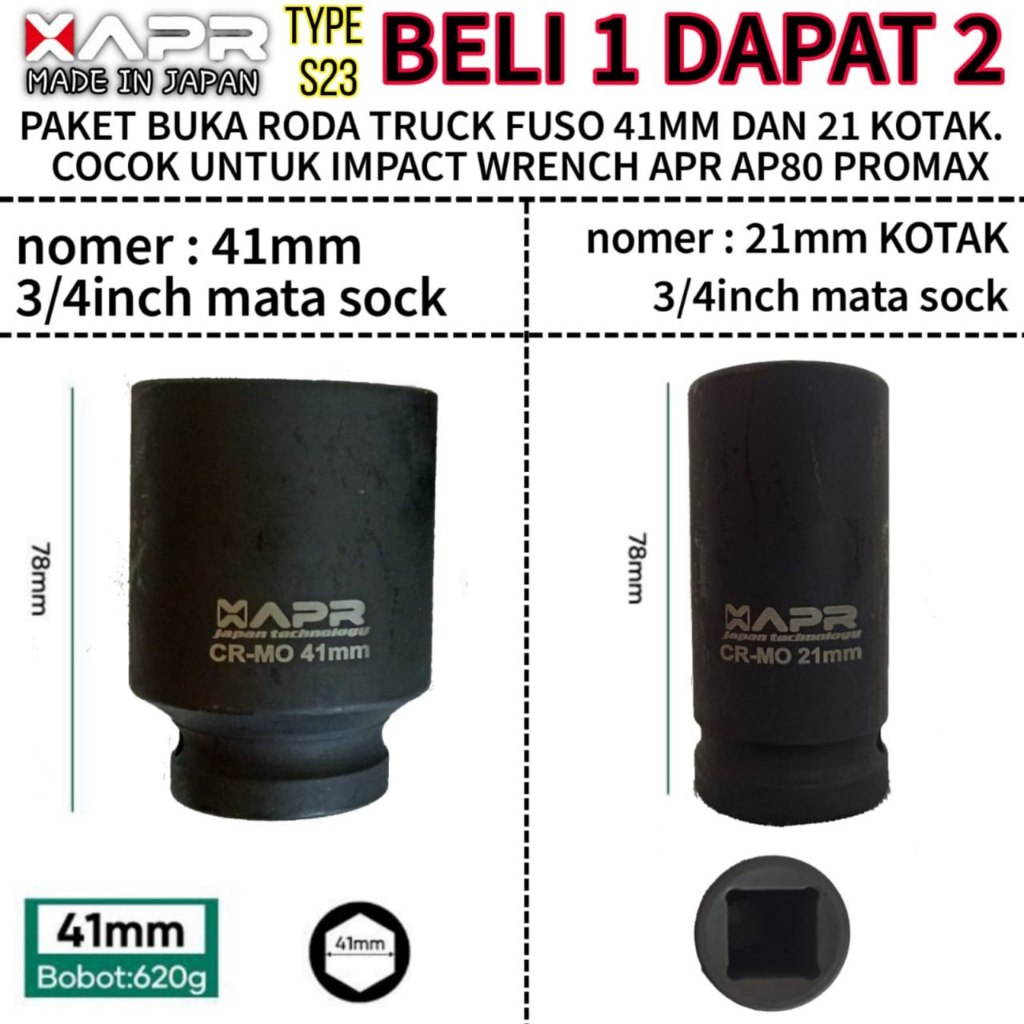 XAPR Japan S23 Mata Shock 3/4 Inch Isi 2 Pcs 41mm 21mm Kunci Sok Besar Bengkel Truck Bus Alat Berat