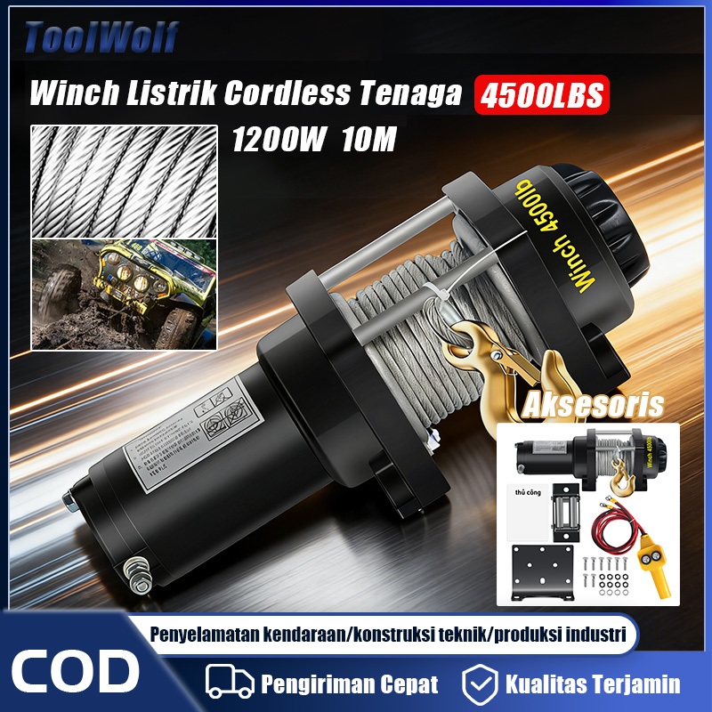ToolWolf Winch Listrik Cordless Tenaga Kerekan Listrik Tali Derek Listrik Baterai Dengan Motor Temba
