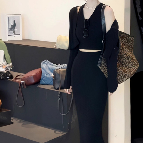 Mode Vogue Setelan Tiga Potong Seksi: Cardigan Camisole Pas Badan dan Rok Rajut Pinggang Tinggi