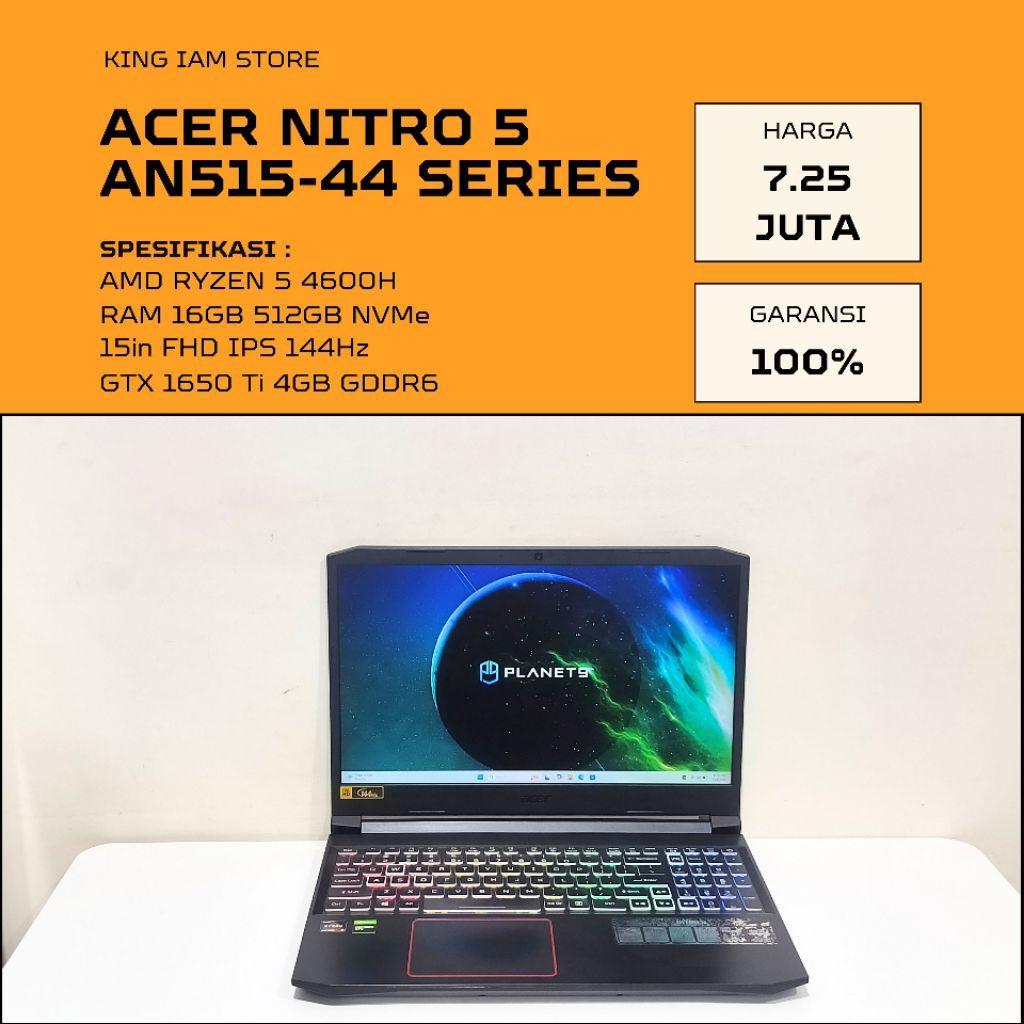 LAPTOP GAMING ACER NITRO 5 RYZEN 5 GTX 1650Ti RAM 16GB SSD 512GB LAYAR 144Hz | King iam store