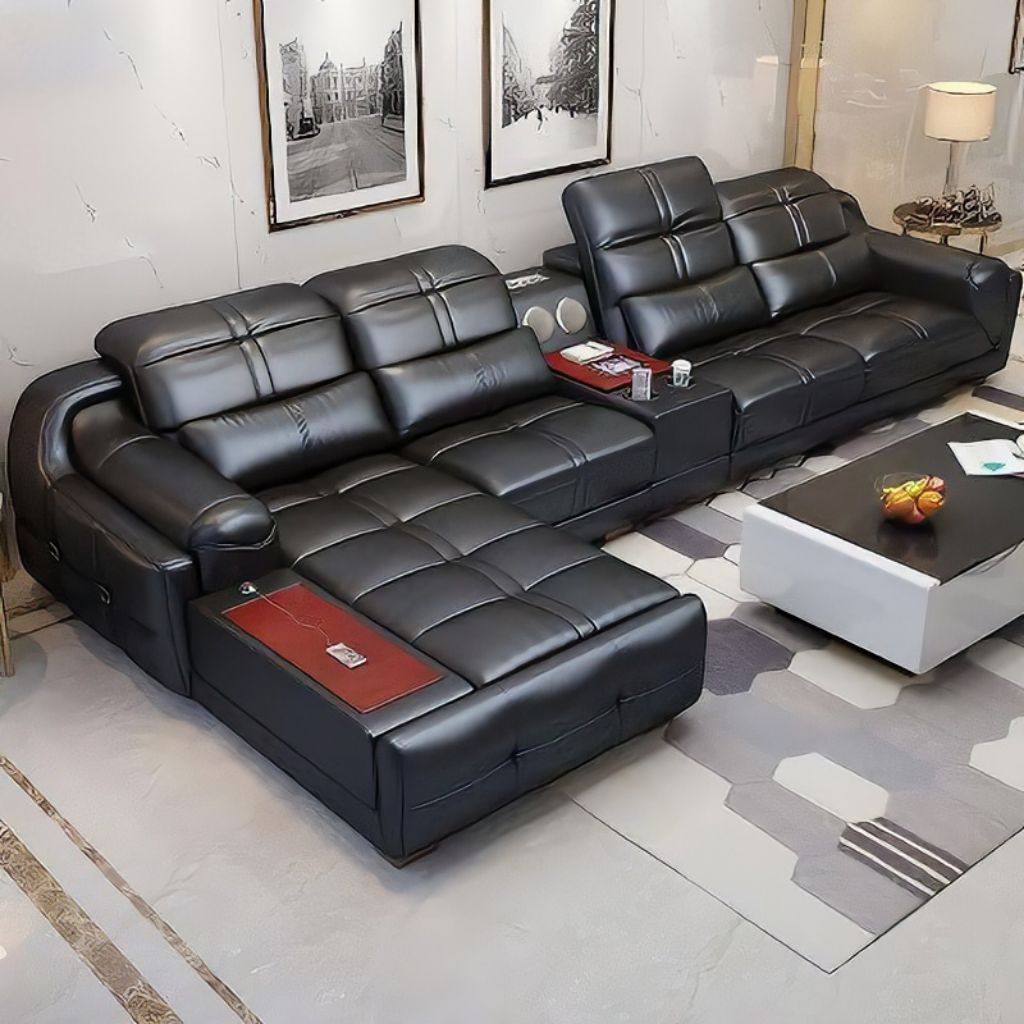 Sofa Sudut Kulit Hitam Elegan – Model L-Shaped dengan Meja Sisip Kayu Merah, Tempat Penyimpanan, dan