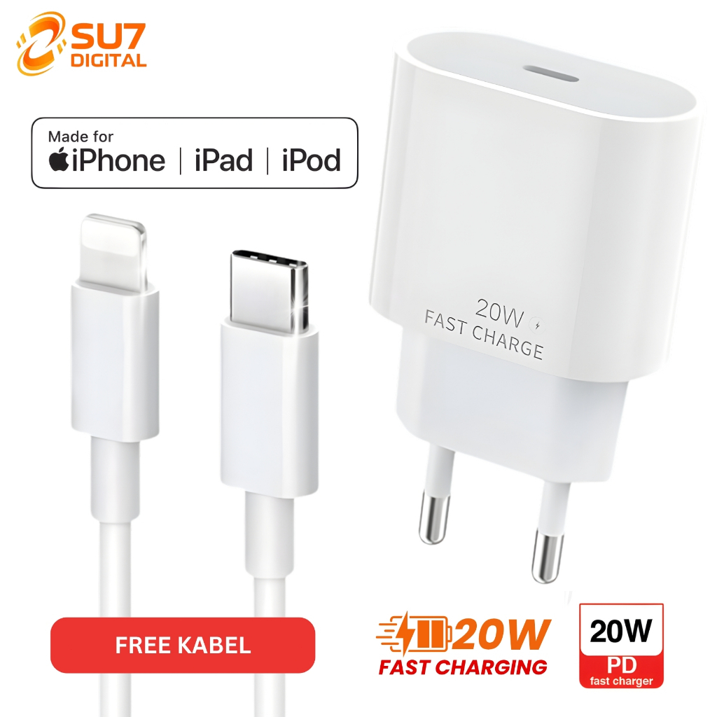 SU7 Charger iPhone 20W PD Fast Charging Type-C Gratis Kabel Lightning untuk iPhone iPad iPod CG06