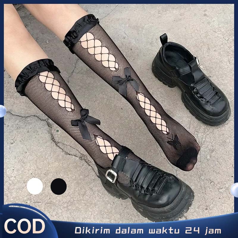 Stocking Jaring Fishnet Stockings Stoking Sepaha Stoking Overknee Stoking Cosplay Ruffle Bowknot Tri