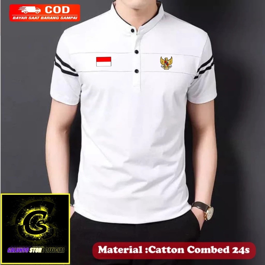 Kaos Polo Shanghai Katun Combed 24's Logo Bordir Garuda Bendera Indonesia Kekinian Edisi Kemerdekaan