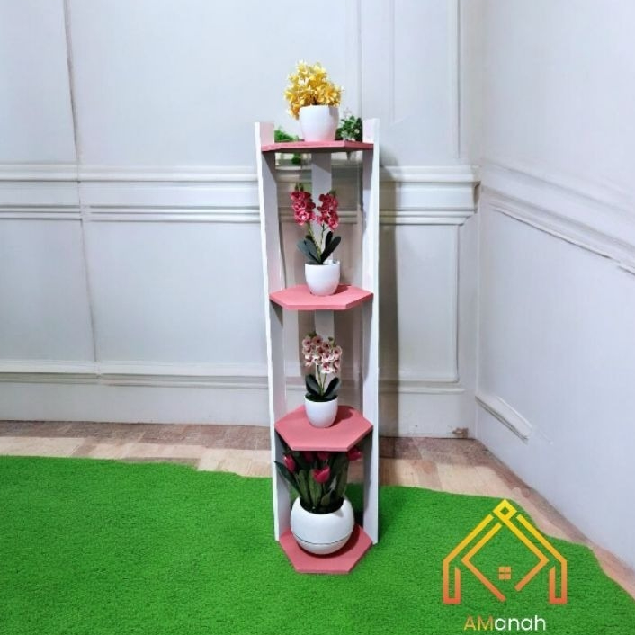 Rak Bunga Kayu Hexagonal 4 Tingkat Warna Pastel Kokoh Tinggi 120 Cm - Rak Sudut Minimalis