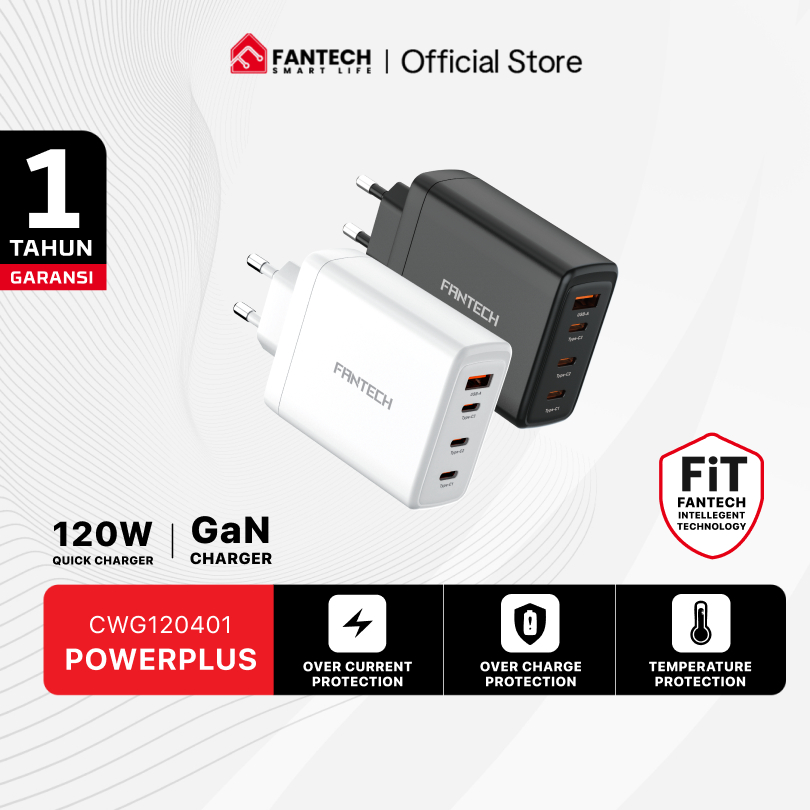 Fantech Charger GAN CWG120401 Charger POWERPLUS GAN 120W PD Fast Charging & Desain Compact