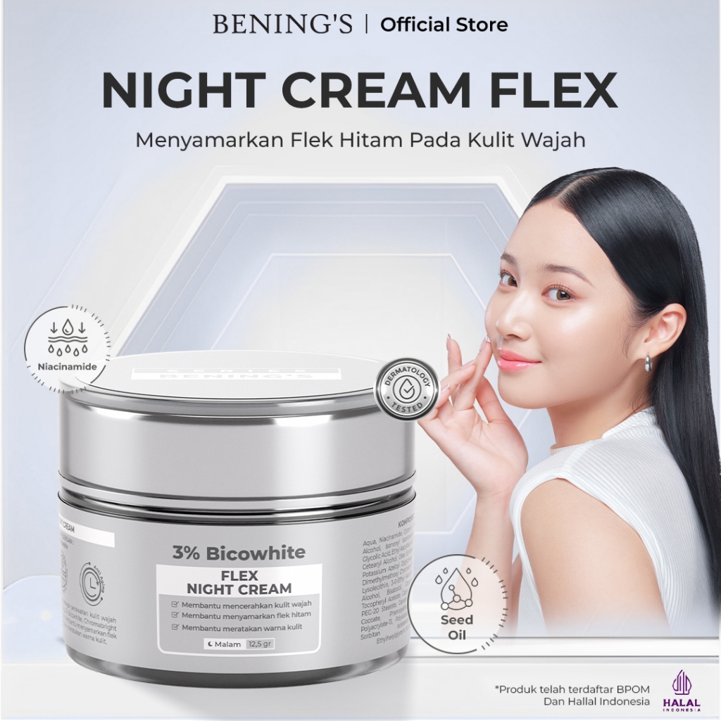 Bening's Skincare Official Krim Malam Flex New Formula Mencerahkan Menghilangkan Flek Hitam