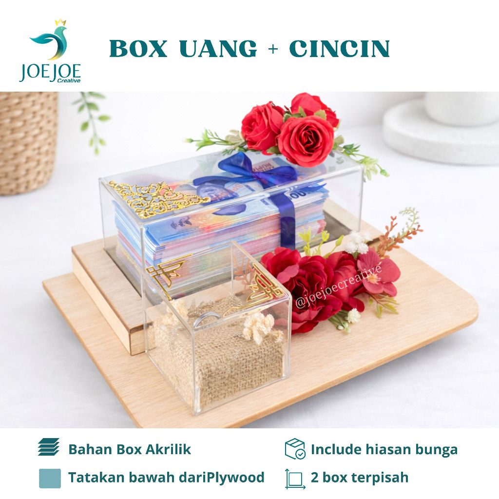 Kotak Uang dan cincin Akrilik Rustic | Kotak Mahar Akrilik | Kotak Uang Seserahan + costum nama
