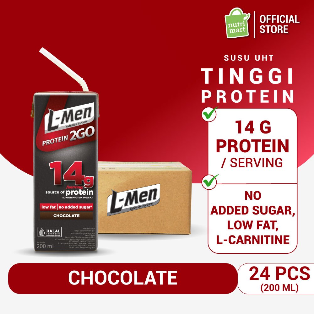 [SPESIAL INSTANT JABODETABEK] 1 Karton - L-Men UHT Protein 2GO Chocolate 200ml (24pcs) - 14g Whey Pr