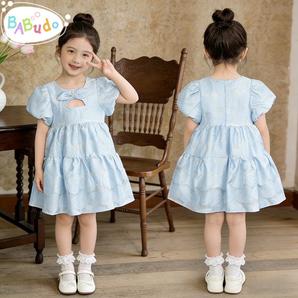 Babudo Baju Anak Perempuan Model Korea Lucu Dress Puff Sleeve Motif Kupu-Kupu Floral Print Gaun Cant
