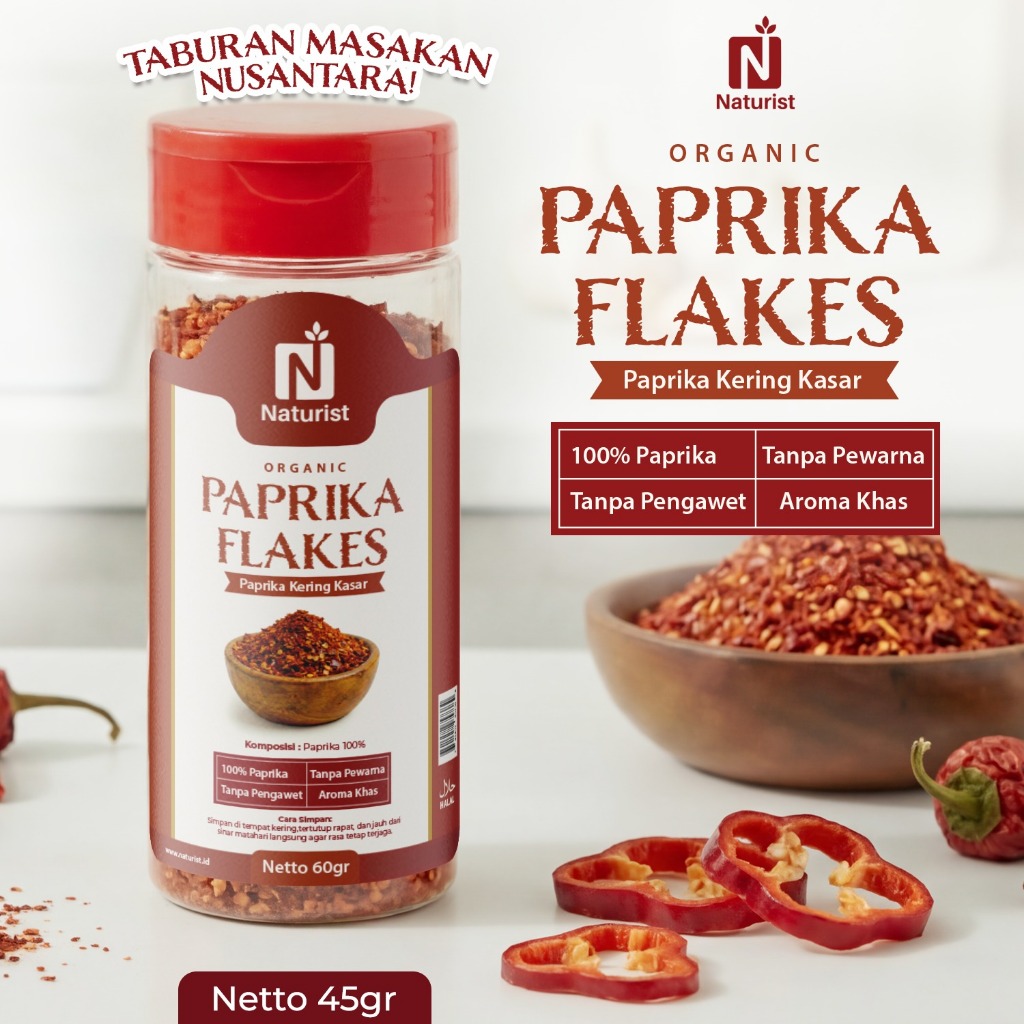 NATURIST Paprika Flakes 45gr Paprika Kering Kasar Bumbu Tabur Non MSG Tanpa Pengawet Premium