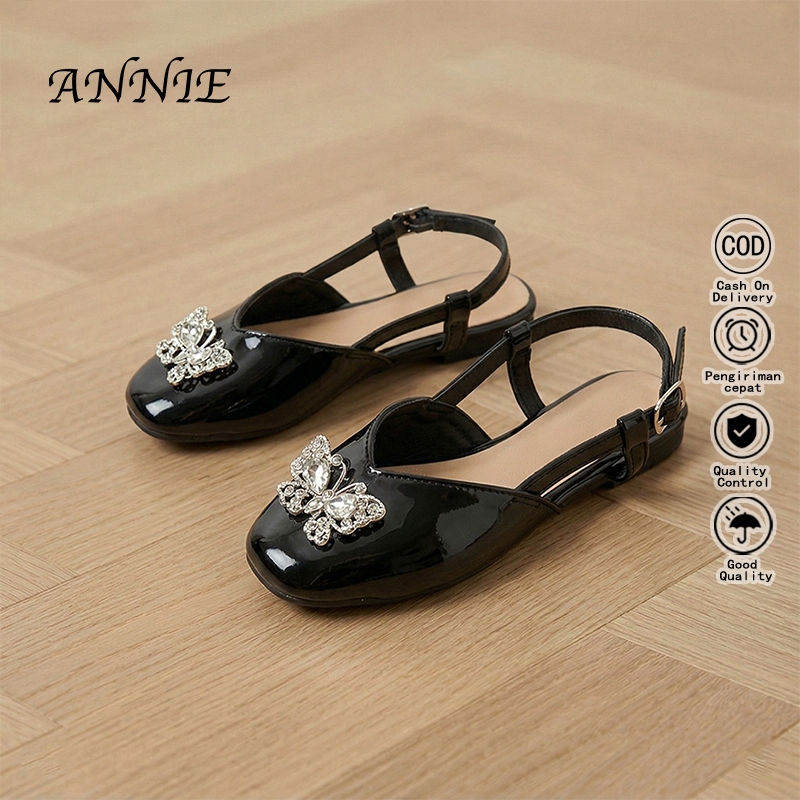 ANNIE Sepatu Sandal Anak Perempuan Hitam Glossy Mote Kupu-Kupu Kristal Elegan Premium