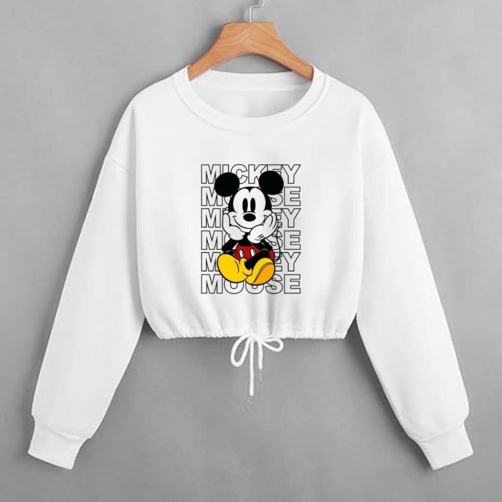 Atasan Baju Anak Perempuan Sweater Crop Gambar Mickey Mouse Bawah Tali Serut