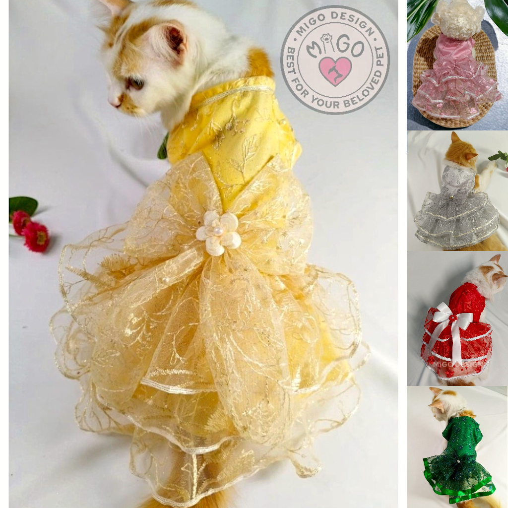Migo Design 78 Byk Warna Baju Dress Gamis Kucing/Anjing Brokat Rok 3 Tingkat Susun Gold Emas Gaun Ke