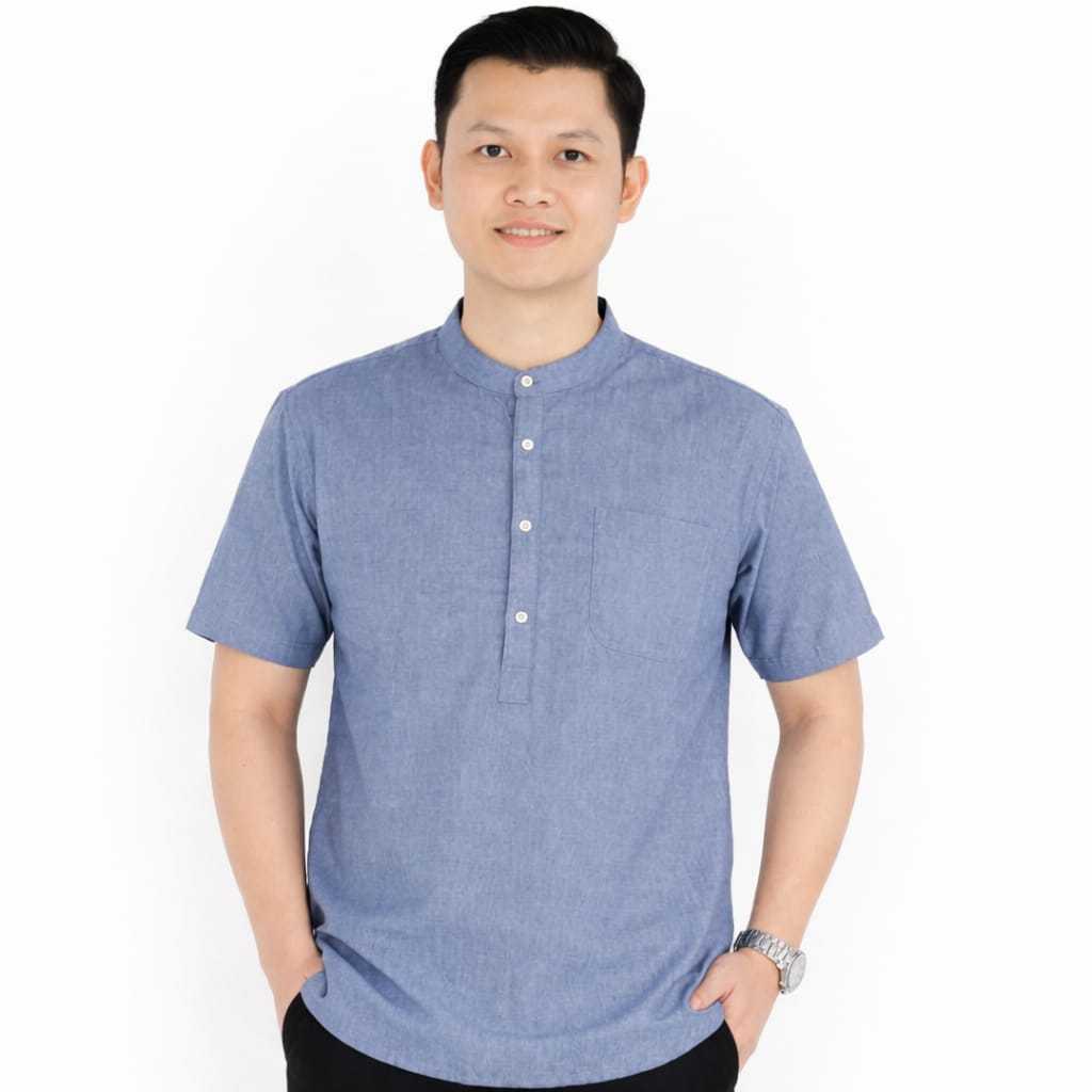 Baju Koko Denim Cotton Biru M L XL XXL Motif Polos Pria Dewasa