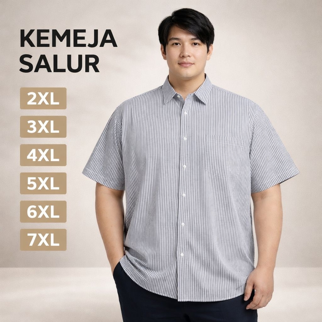 kemeja Pria Jumbo Lengan Pendek Hem Salur Big Size Premium